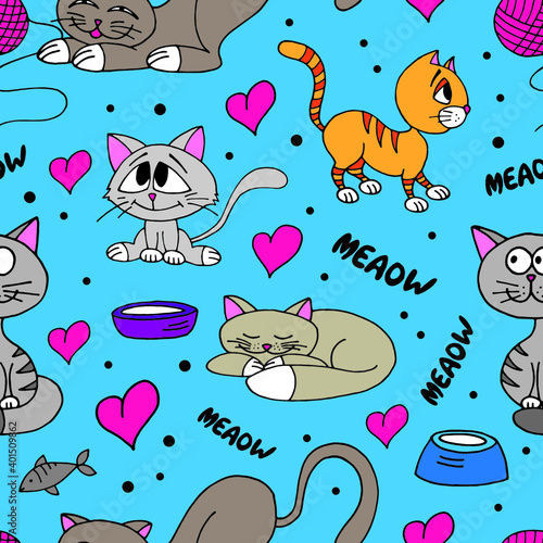 Cute colorful kittens seamless pattern. Vector illustration.