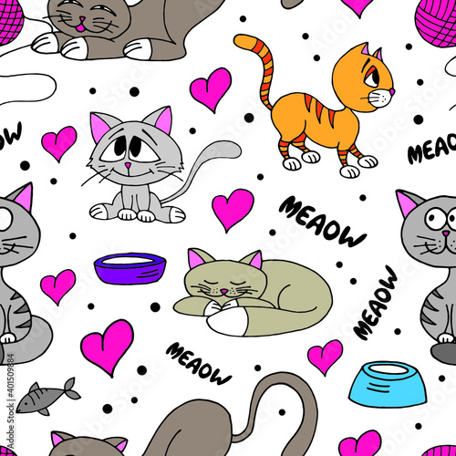 Cute kittens, cats, hanks and hearts seamless pattern. Vector illustration.