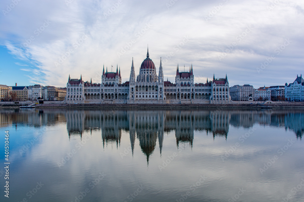Hungary, Budapest, Parliament on the banks of the Danube river, the reflection of the building in the water