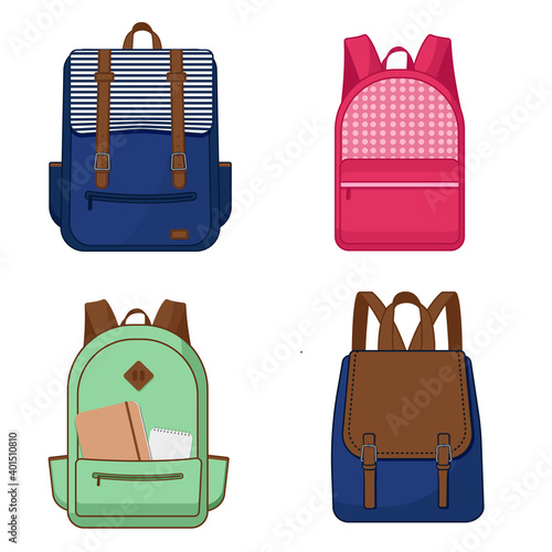 Vector flat set of backpacks schoolbag book