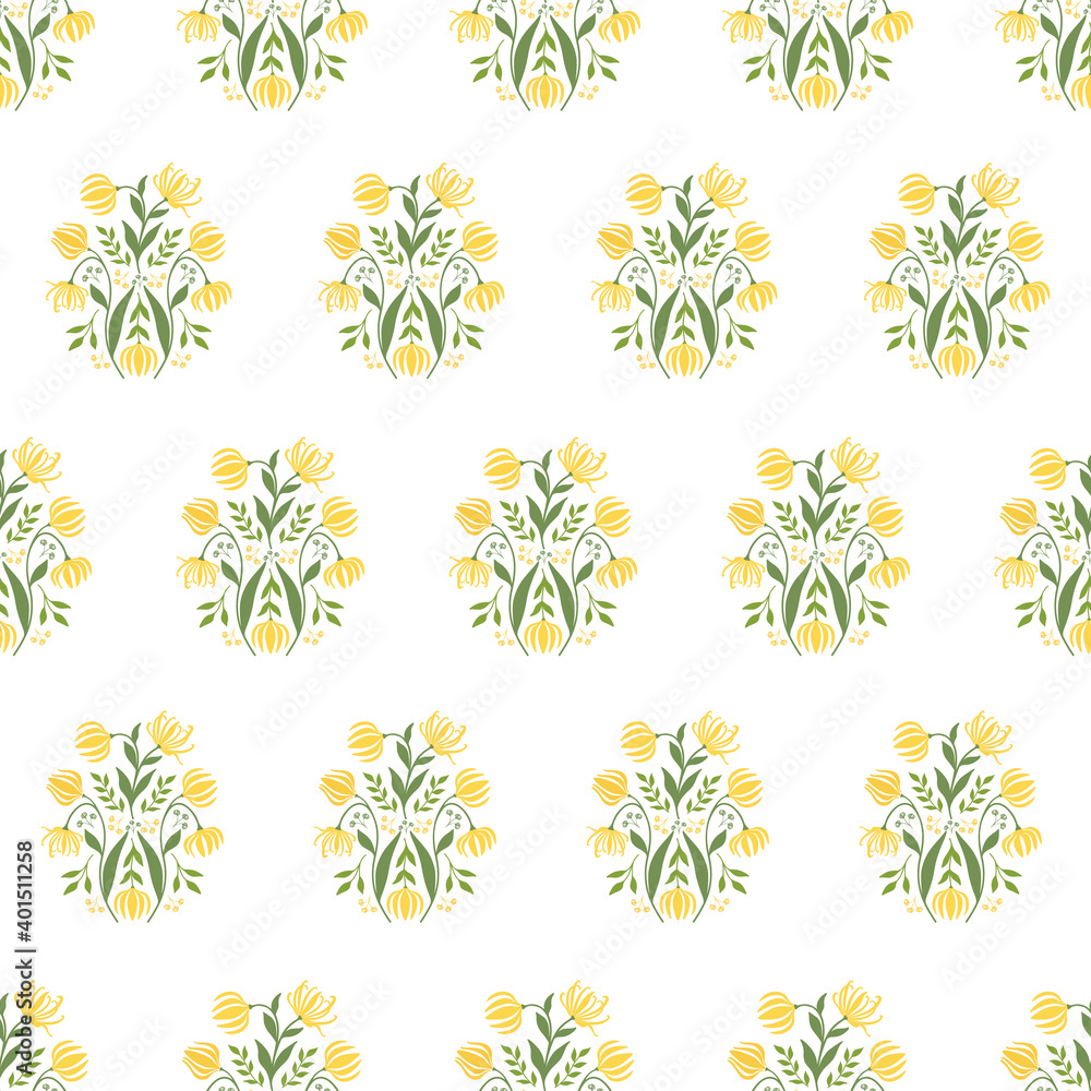 Seamless Block Print Pattern with Ylang-Ylang Flowers, Buds, Branches and Leaves.