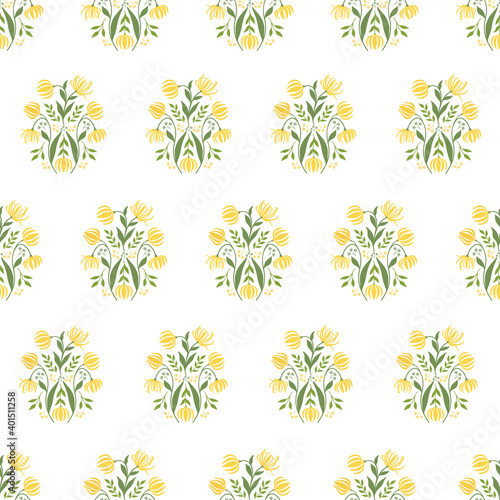 Seamless Block Print Pattern with Ylang-Ylang Flowers, Buds, Branches and Leaves.