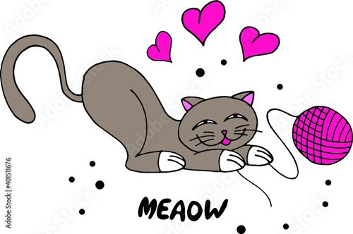 Cute cartoon kitten, hank and hearts vector illustration.