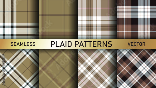 Seamless vector plaid patterns. Set of 8 tartan backgrounds. Collection of stylish geometric designs for fabric, textile, wrapping etc. 