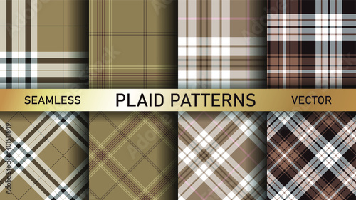 Seamless vector plaid patterns. Set of 8 tartan backgrounds. Collection of stylish geometric designs for fabric, textile, wrapping etc.	