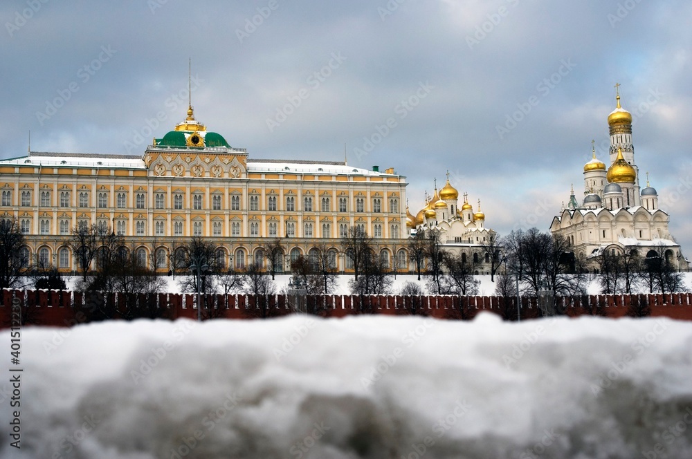 Architecture of Moscow Kremlin in winter. Popular landmark.