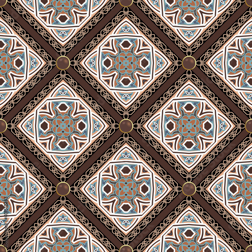Arabesque seamless pattern. Elegant arabic vector background. Beautiful ornate jewelry ornaments. Repeat ornamental arabian backdrop. Vintage flowers, leaves, lines ,rhombus, frames, 3d buttons