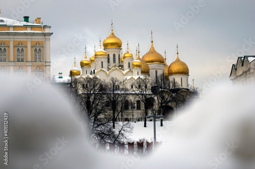 Architecture of Moscow Kremlin in winter. Popular landmark.