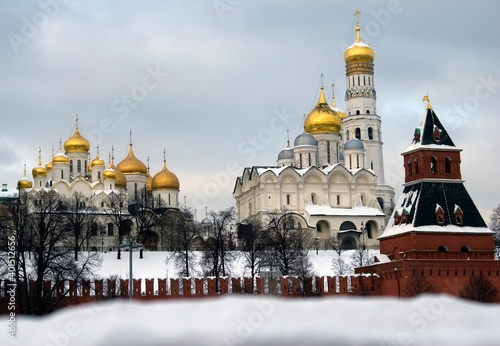 Architecture of Moscow Kremlin in winter. Popular landmark.