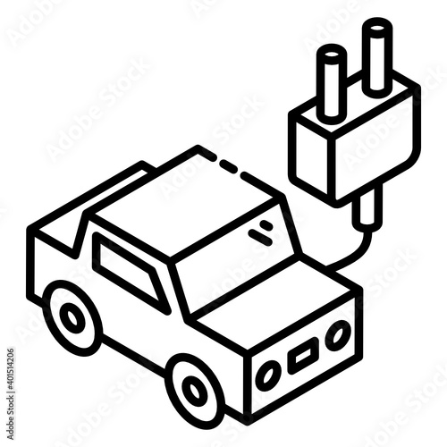 
Vehicle attached to a plug, notioning electric car icon
