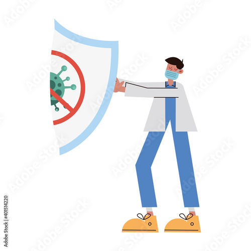 doctor wearing medical mask lifting shield