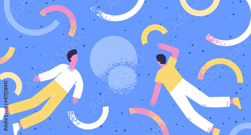 Teamwork of two men. Two people in space arrange abstract geometric shapes. Teamwork concept flat illustration