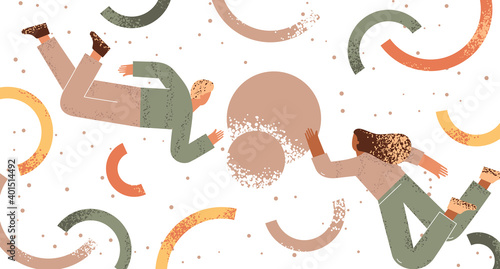 Pair of people collecting and organizing abstract geometric shapes. Man and woman holding geometric shapes. Flat illustration, teamwork