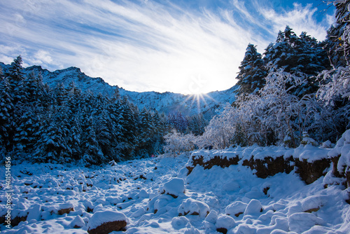 It is a snow scene at Mt. Akadake in Yatsugatake, Japan. It is the scenery of the sunrise in winter.