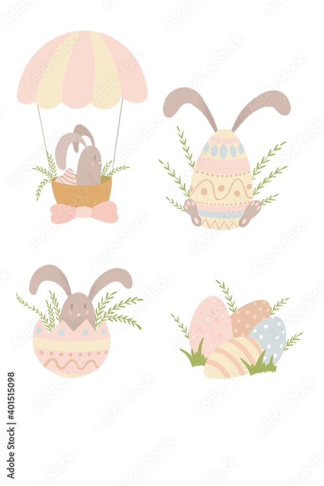 Fototapeta premium Raster Easter illustration. Easter Bunny on a balloon with a bow and eggs. Cute children's illustration in delicate colors. Sticker, postcard, print.