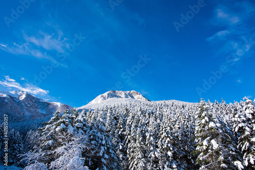 It is a snow scene at Mt. Akadake in Yatsugatake, Japan. It is the scenery of the sunrise in winter.