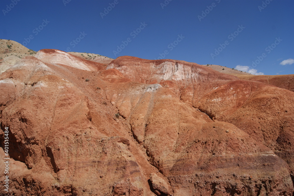 Fototapeta premium An unusual natural area in the Altai mountains with colored soil similar to the Martian landscape. Natural attraction of Altai. Popular tourist routes in Russia.