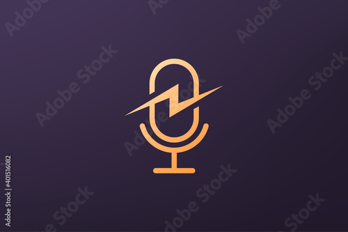 simple lightning flash podcast mic logo in luxurious modern style and gold color