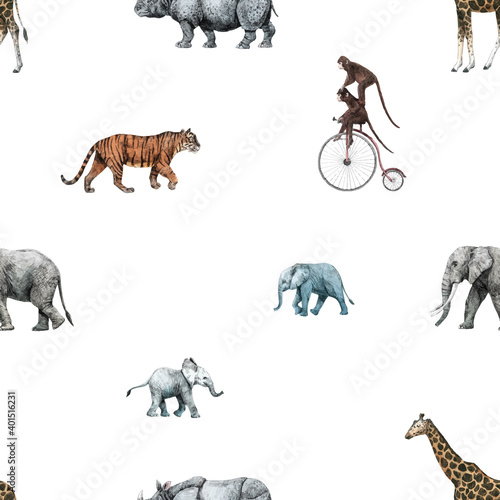 Beautiful vector stock seamless pattern with cute hand drawn safari giraffe elephant tiger monkey rhinoanimal pencil illustrations. photo