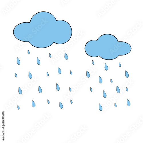 Two clouds with raindrops on white background isolated. Raining day. Seasonal.