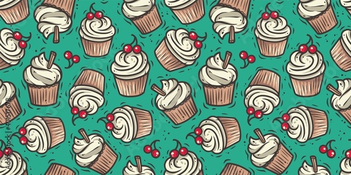 Seamless pattern wallpaper cupcake illustration, colored cream cake muffin birthday dessert