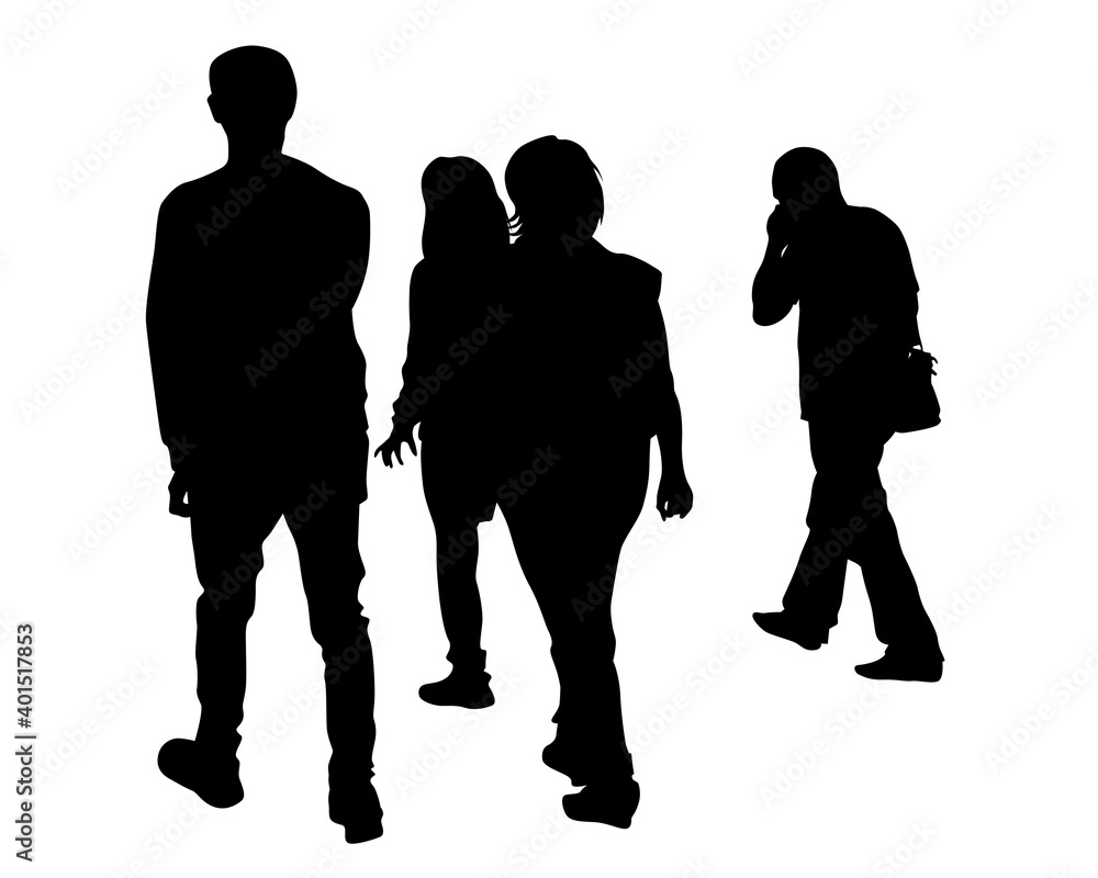 Man and women on on street. Isolated silhouette on a white background