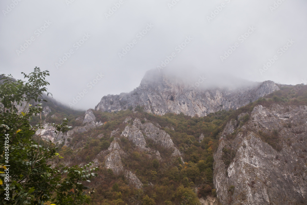 Beautiful nature mountain landscape view. The Ovcar-Kablar Gorge in western Serbia. Autumn day. Cloudy sky. Beautiful nature mountain landscape view. The Ovcar-Kablar Gorge in western Serbia. Autumn day. Cloudy sky.