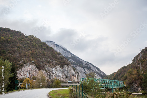 Beautiful nature mountain landscape view. The Ovcar-Kablar Gorge in western Serbia. Autumn day. Cloudy sky.