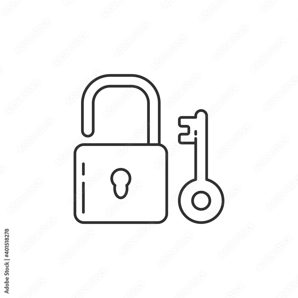 Simple line art of key and padlock illustration isolated on white background. Linear style of lock icon Simple line art of key and padlock illustration isolated on white background. Linear style of lock icon