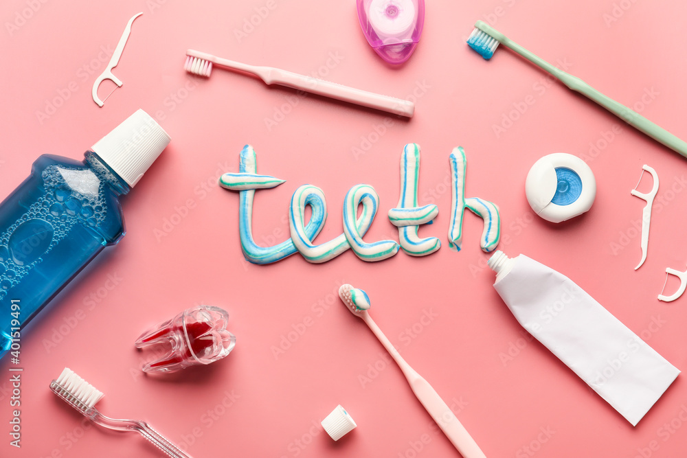 Set for oral hygiene and word TEETH on color background Set for oral hygiene and word TEETH on color background