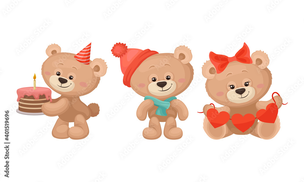 Cute Cartoon Teddy Bear Carrying Cake with Candle and Holding Heart Garland Vector Set Cute Cartoon Teddy Bear Carrying Cake with Candle and Holding Heart Garland Vector Set