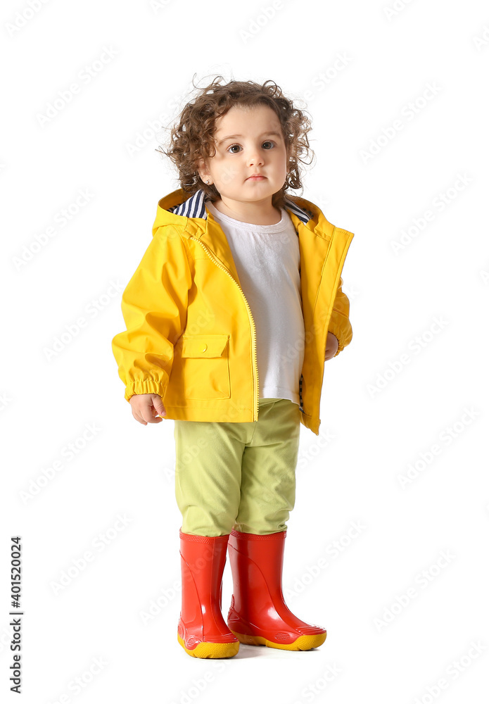Cute baby girl in raincoat on white background Cute baby girl in raincoat on white background