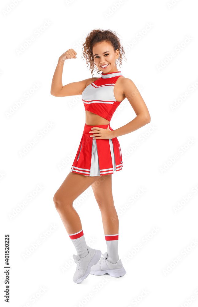 Beautiful young cheerleader on white background Beautiful young cheerleader on white background