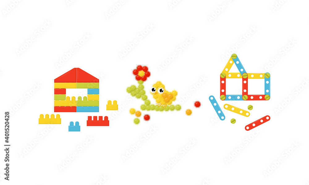 Construction Set as Toy for Children with Building Components Vector Set Construction Set as Toy for Children with Building Components Vector Set