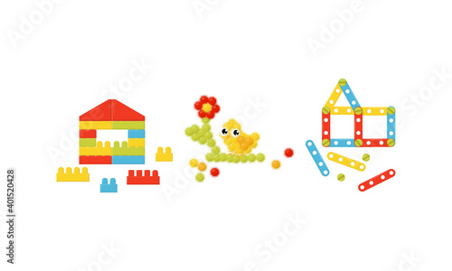 Construction Set as Toy for Children with Building Components Vector Set