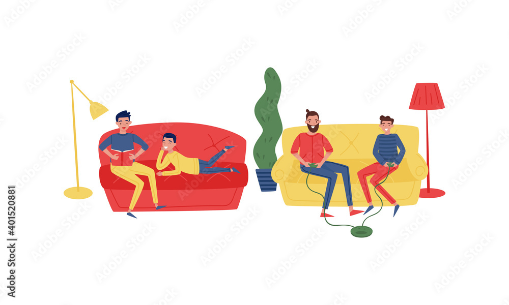 Young Father and His Son Playing Video Game with Console Panel and Reading Book Vector Illustration Set Young Father and His Son Playing Video Game with Console Panel and Reading Book Vector Illustration Set