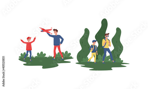 Young Father and His Son Walking with Backpack and Flying Toy Plane Vector Illustration Set