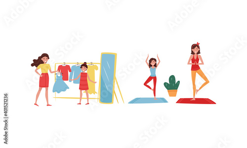 Young Woman with Her Daughter Getting Dressed and Doing Yoga Vector Illustration Set