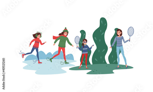 Young Woman with Her Daughter Playing Badminton and Ice Skating Vector Illustration Set