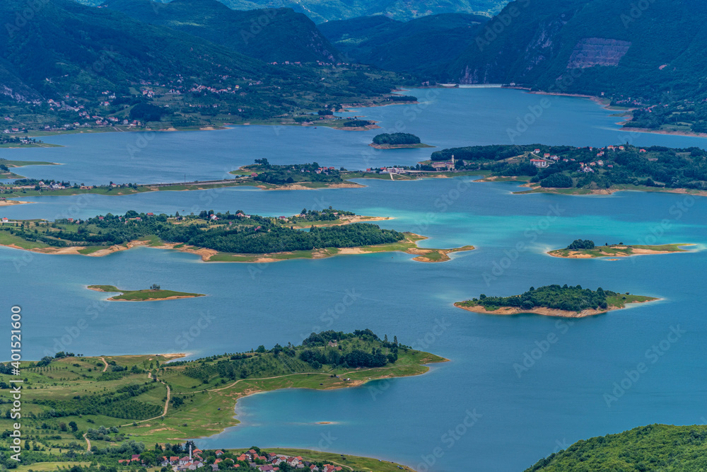 Aerial view of the lake in the mountains