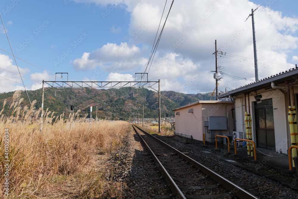 Railroad tracks at JR Yogo Station, Shiga Prefecture, Japan, December 5, 2020. Railroad tracks at JR Yogo Station, Shiga Prefecture, Japan, December 5, 2020.