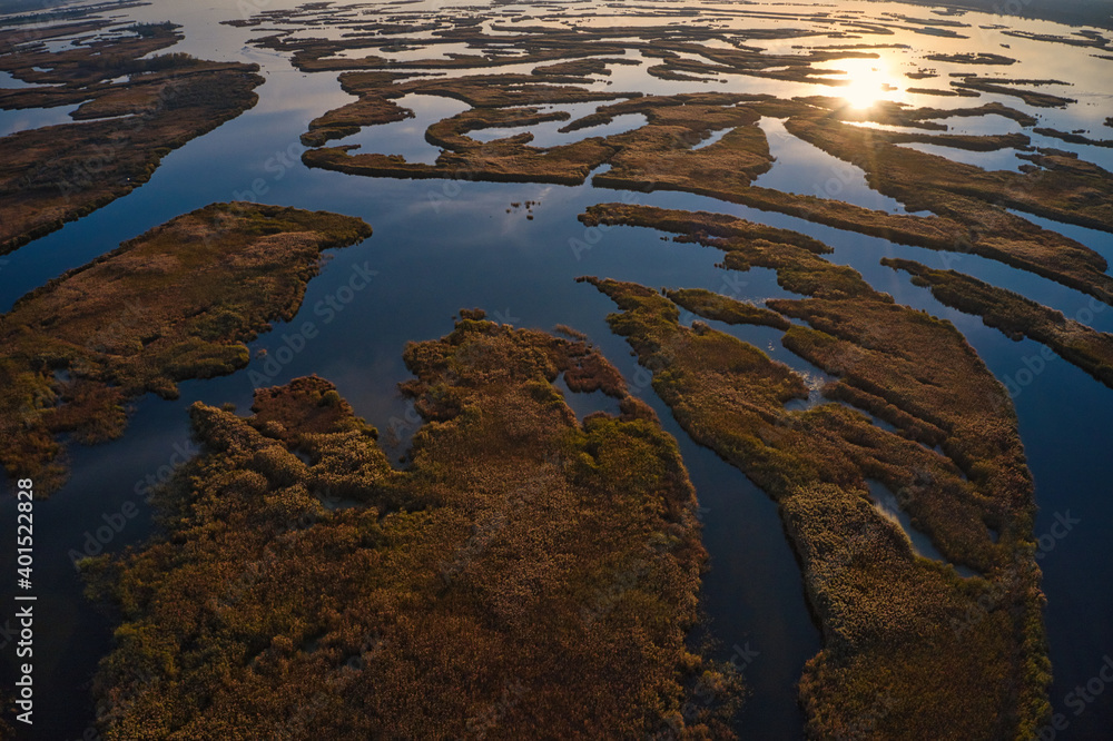 Irresistible floods on the Samara river on the dnieper in the evening light