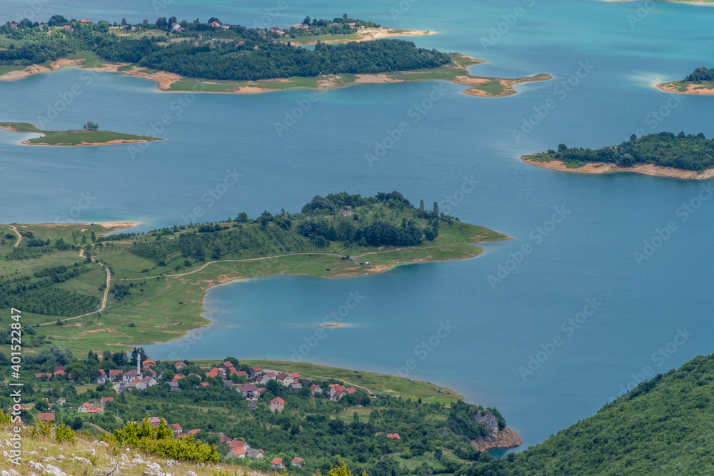 Aerial view of the lake in the mountains