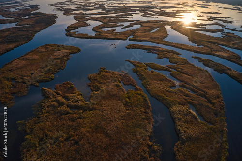Irresistible floods on the Samara river on the dnieper in the evening light