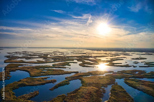 Irresistible floods on the Samara river on the dnieper in the evening light
