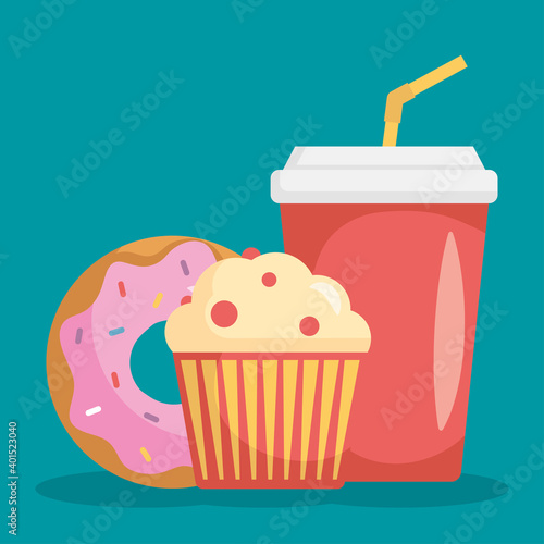 soda in plastic container with cupcake and donut