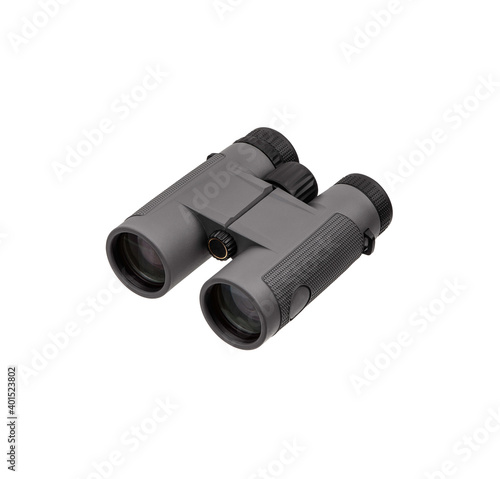Modern binoculars isolate on a white back. Long-distance observation device.