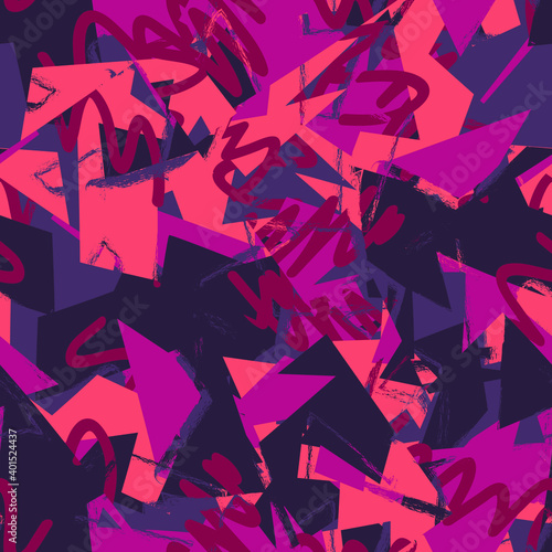 Seamless abstract urban pattern with curved geometry elements and wave grunge lines