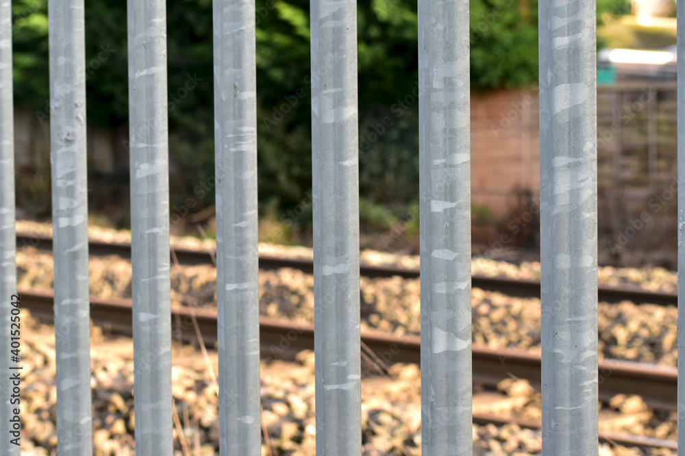 Metal fence near a railroad, Coventry, England Metal fence near a railroad, Coventry, England