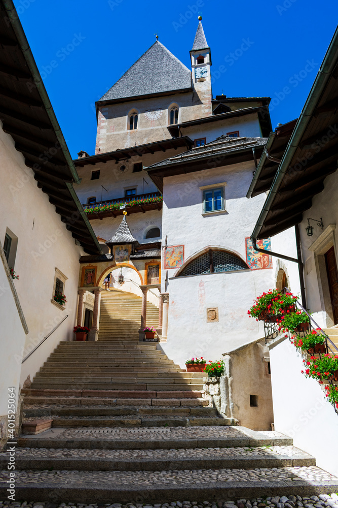 Italy, Trentino, Sanctuary of San Romedio - 12 Juli 2020 - View of the sanctuary of San Romedio with its very long staircase